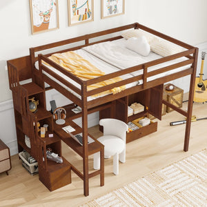 English Elm Twin Over Full Bunk Bed Solid Pine Frame with Built-in Slide and Storage Staircase Walnut W504S00286