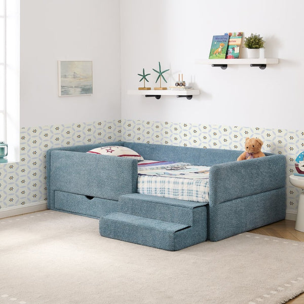 English Elm Twin Boucle Upholstered Kids Bed with Guardrails Built in Storage and Cushioned Step Stool Navy W1413P433366