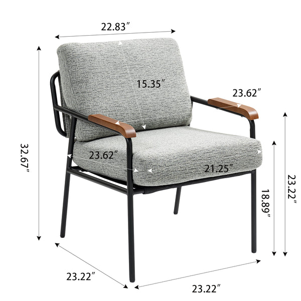 English Elm Modern Accent Chair with Natural Wood Arms, Black Metal Frame, Plush High-Rebound Cushion Comfort Grey W2215P248473