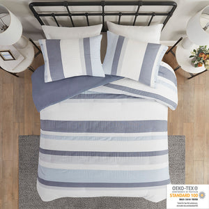 JLA Home Madison Park - 3 Piece Jacquard Duvet Cover Set - Textured Blue Gray Cream Stripes, Reversible Dark Blue, Antimicrobial Finish MP12-7876