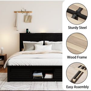 English Elm Queen Platform Bed Upholstered Headboard Led Lighting Charging Station Pet Area W636P254534