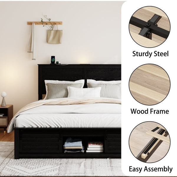 English Elm Queen Platform Bed Upholstered Headboard Led Lighting Charging Station Pet Area W636P254534