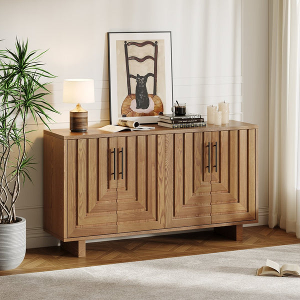 English Elm Christopher Knight Home® - Modern Sideboard - 59" Natural Finish Mdf Storage Cabinet With 4 Doors, Metal Handles For Home Use N780P352310N
