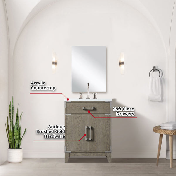 English Elm Grey Oak Single Bath Vanity 24"W x 18"D with Acrylic Countertop, 18" Mirror & Chrome Faucet Set — Durable, Hand-Finished Appearance B2731S02001