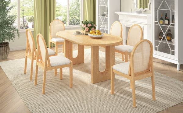 English Elm Trexm Farmhouse Oval Dining Set Seats Six with Rattan Back Chairs Oak Veneer Table Beige,Natural ST000157AAD