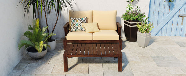 English Elm 2 Piece Acacia Wood Outdoor Sofa Set with Coffee Table and Weather Resistant Cushions Beige,Dark Brown N719P246159D