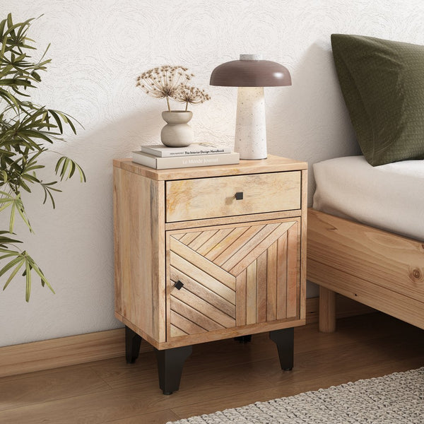 English Elm Christopher Knight Home® - Solid Solid Wood Vintage Nightstand with Hand-Carved Mango Wood, 1-Drawer Bedside Table from India N758P194731X