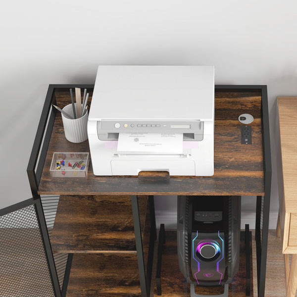 English Elm Vinsetto Rustic Brown Industrial Printer Stand with USB & AC Charging, 3-Level Adjustable Shelves, Wheels W2225P173910