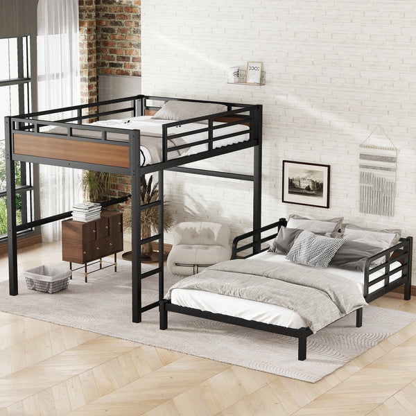 English Elm Full Xl Metal Bunk Bed In Walnut - Versatile Separable Loft Bed With Safety Fence & Strong Frame W1580S00229