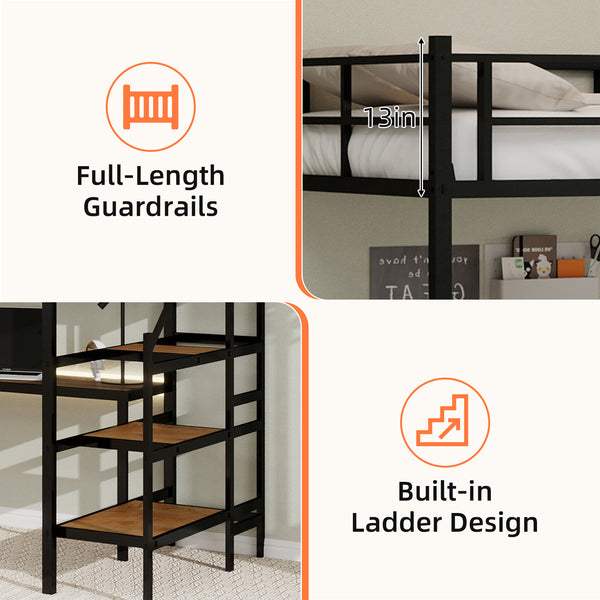 English Elm Loft loft bed with L-shaped desk, built-in storage stairs, 360° guardrail, sturdy iron frame for small rooms Black W1935S00003