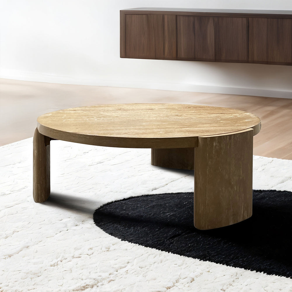 English Elm Modern Round Coffee Table 42" DIA x 15" H Oak Finish Plinth Base Rubberwood Modern Living Accent B2741P360632