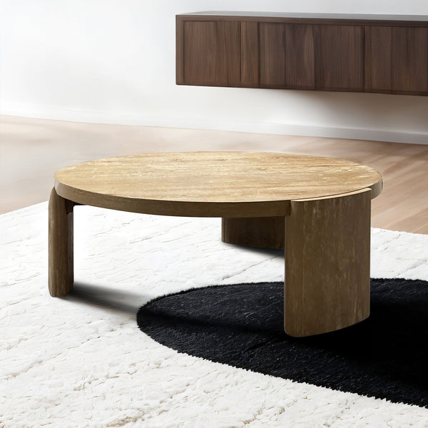 English Elm Modern Round Coffee Table 42" DIA x 15" H Oak Finish Plinth Base Rubberwood Modern Living Accent B2741P360632