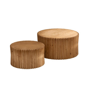 English Elm Vintage Cylindrical Nesting Coffee Table Set, Textured Embossed Wood Accent Tables for Living Room Natural W757P195740