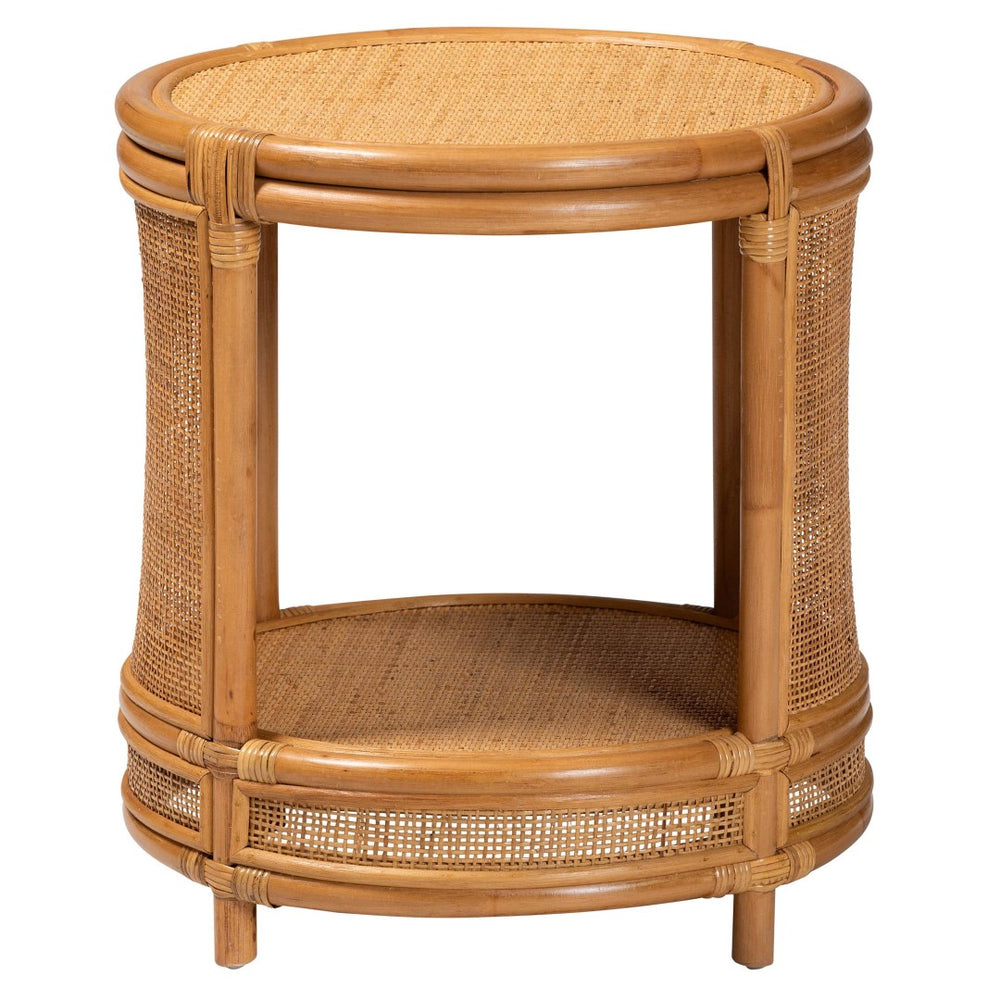 English Elm Modern Woven Rattan Round End Table with Open Shelf Bohemian Coastal Living Accent B2750P467699