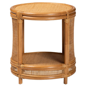 English Elm Modern Woven Rattan Round End Table with Open Shelf Bohemian Coastal Living Accent B2750P467699