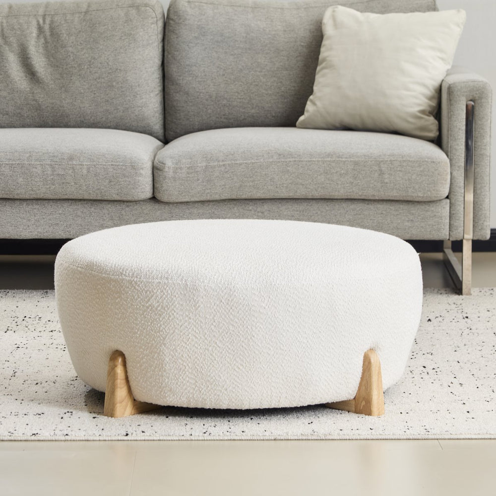 English Elm Christopher Knight Home® - Modish Round Ottoman with Plush Bouclé Top and Splayed Rubberwood Legs for Cozy Modern Living Room Natural Wood,White N769P346256W
