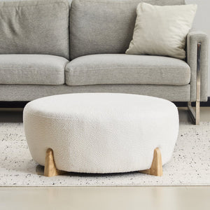English Elm Christopher Knight Home® - Modish Round Ottoman with Plush Bouclé Top and Splayed Rubberwood Legs for Cozy Modern Living Room Natural Wood,White N769P346256W