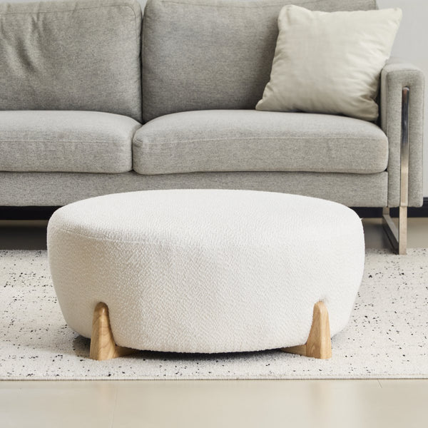 English Elm Christopher Knight Home® - Modish Round Ottoman with Plush Bouclé Top and Splayed Rubberwood Legs for Cozy Modern Living Room Natural Wood,White N769P346256W