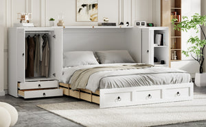 English Elm Queen Murphy Bed with Wardrobe Cabinets Built-in Usb Charging and Concealed Drawers White LP000590AAK