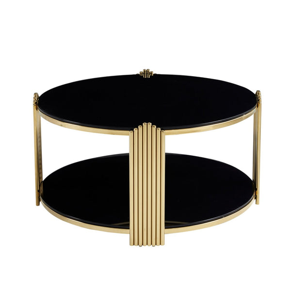 English Elm 35inch Round Coffee Table Dual Tier Tempered Glass Gold Steel Frame Living Room W3357P395503