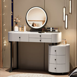 English Elm Modern Minimalist Vanity with Lighted Mirror Three Drawers and Cylindrical Side Cabinet W3767S00005