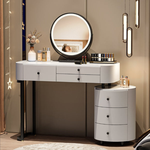 English Elm Modern Minimalist Vanity with Lighted Mirror Three Drawers and Cylindrical Side Cabinet W3767S00005