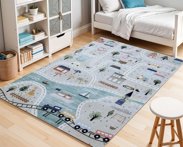 Homeroots 5' X 8' Gray Brown And Blue Juvenile Transportation Youthful Area Rug  Polyester 570000