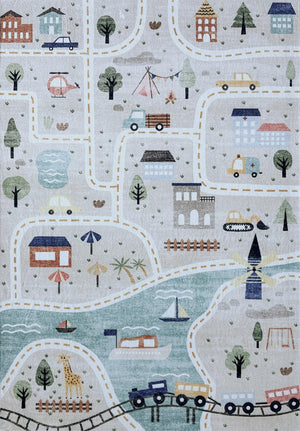 HomeRoots 5' Playful Transportation Youthful Area Rug in Gray, Brown & Blue - Durable, Soft, Easy Care Design 5' X 8' 570000