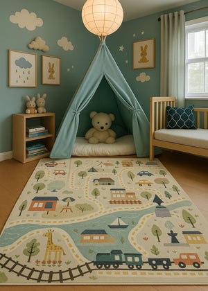 HomeRoots 5' Playful Transportation Youthful Area Rug in Gray, Brown & Blue - Durable, Soft, Easy Care Design 5' X 8' 570000