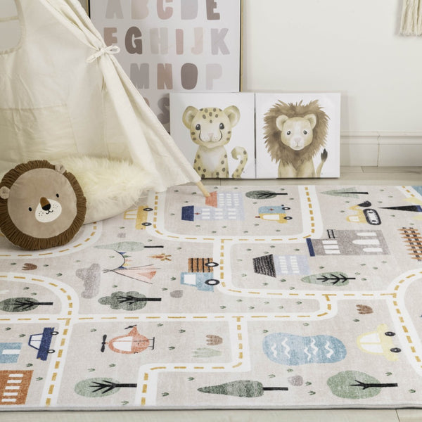 HomeRoots 5' Playful Transportation Youthful Area Rug in Gray, Brown & Blue - Durable, Soft, Easy Care Design 5' X 8' 570000
