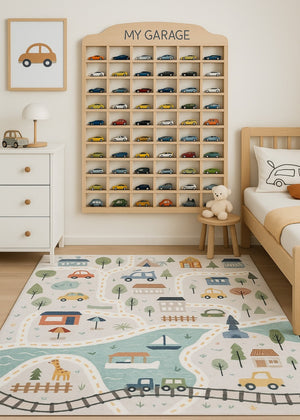 HomeRoots 5' Playful Transportation Youthful Area Rug in Gray, Brown & Blue - Durable, Soft, Easy Care Design 5' X 8' 570000