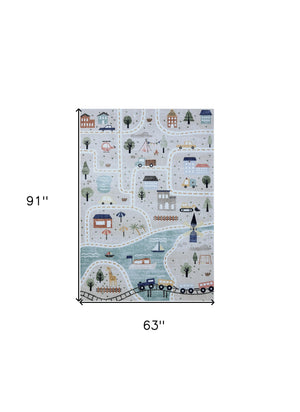 Homeroots 5' X 8' Gray Brown And Blue Juvenile Transportation Youthful Area Rug  Polyester 570000