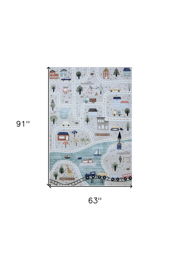 Homeroots 5' X 8' Gray Brown And Blue Juvenile Transportation Youthful Area Rug  Polyester 570000