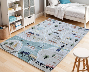 HomeRoots 5' Playful Transportation Youthful Area Rug in Gray, Brown & Blue - Durable, Soft, Easy Care Design 7' X 10' 570001
