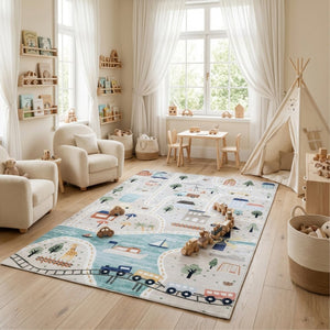 HomeRoots 5' Playful Transportation Youthful Area Rug in Gray, Brown & Blue - Durable, Soft, Easy Care Design 7' X 10' 570001