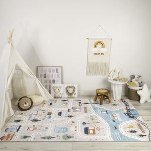 HomeRoots 5' Playful Transportation Youthful Area Rug in Gray, Brown & Blue - Durable, Soft, Easy Care Design 7' X 10' 570001