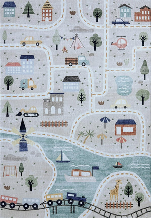 HomeRoots 5' Playful Transportation Youthful Area Rug in Gray, Brown & Blue - Durable, Soft, Easy Care Design 7' X 10' 570001
