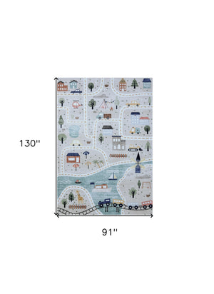 Homeroots 8' X 11' Gray Brown And Blue Juvenile Transportation Youthful Area Rug  Polyester 570002