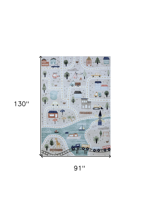 Homeroots 8' X 11' Gray Brown And Blue Juvenile Transportation Youthful Area Rug  Polyester 570002