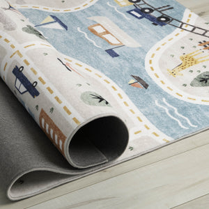 Homeroots 8' X 11' Gray Brown And Blue Juvenile Transportation Youthful Area Rug  Polyester 570002