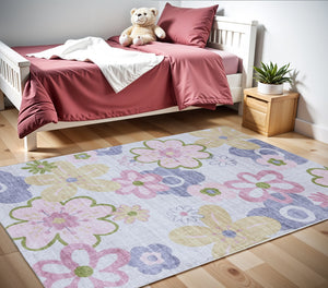Homeroots 4' X 6' Pink Gray And Purple Juvenile Flowers Youthful Area Rug  Polyester 570003