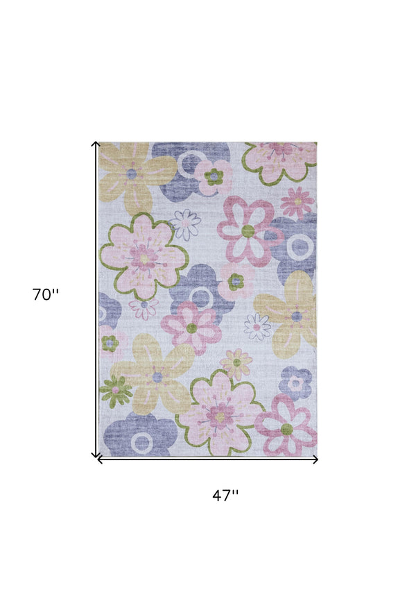 Homeroots 4' X 6' Pink Gray And Purple Juvenile Flowers Youthful Area Rug  Polyester 570003