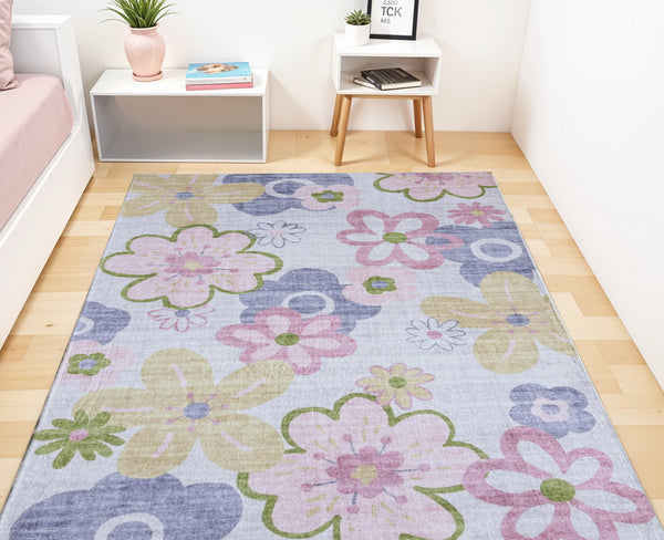 Homeroots 5' X 8' Pink Gray And Purple Juvenile Flowers Youthful Area Rug  Polyester 570004