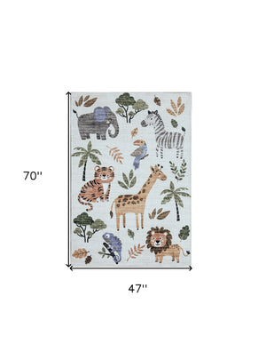 Homeroots 4' X 6' Gray Brown And Green Juvenile Zoo Animals Youthful Area Rug  Polyester 570007