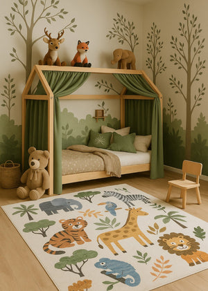 HomeRoots 5' Playful Juvenile Zoo Animals Area Rug in Gray, Brown, and Green for Kids' Rooms and Play Areas 5' X 8' 570008