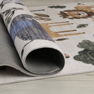 HomeRoots 5' Playful Juvenile Zoo Animals Area Rug in Gray, Brown, and Green for Kids' Rooms and Play Areas 7' X 10' 570009