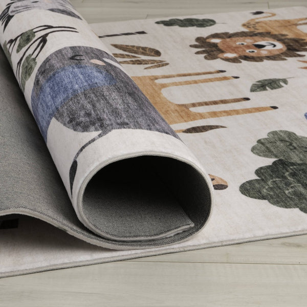 HomeRoots 5' Playful Juvenile Zoo Animals Area Rug in Gray, Brown, and Green for Kids' Rooms and Play Areas 7' X 10' 570009