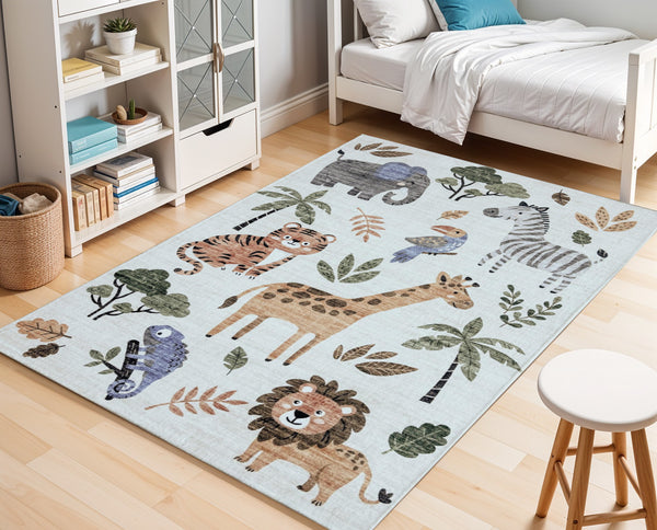 Homeroots 8' X 11' Gray Brown And Green Juvenile Zoo Animals Youthful Area Rug  Polyester 570010