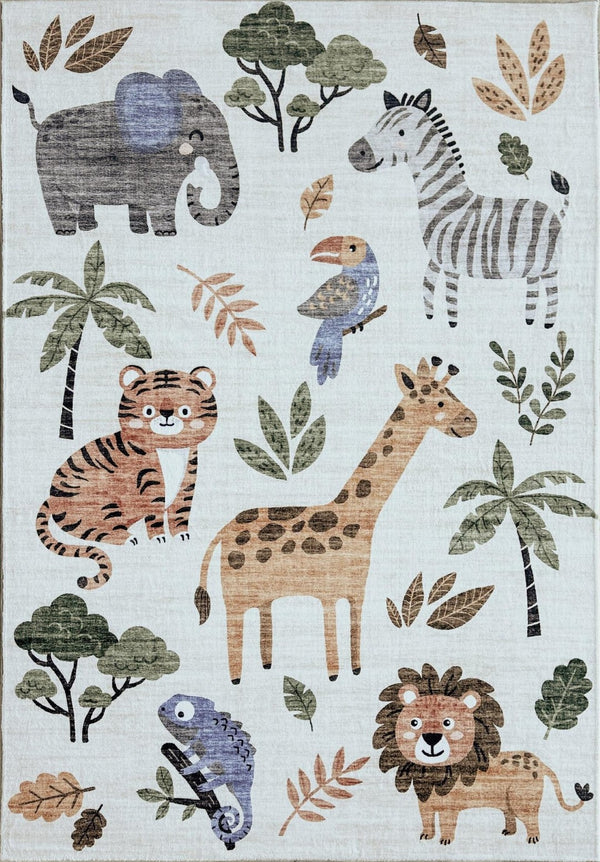 HomeRoots 8' Playful Zoo Animals Area Rug in Soft Gray, Brown, and Green - Durable, Fun Decor for Kids' Rooms 8' X 11' 570010