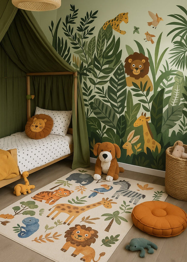 HomeRoots 8' Playful Zoo Animals Area Rug in Soft Gray, Brown, and Green - Durable, Fun Decor for Kids' Rooms 8' X 11' 570010